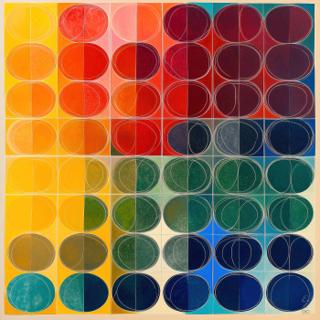 A six-by-six grid of rounded cells shifts from yellow and red through green to deep blue, each compartment layered with fine looping contours and divided color fields.