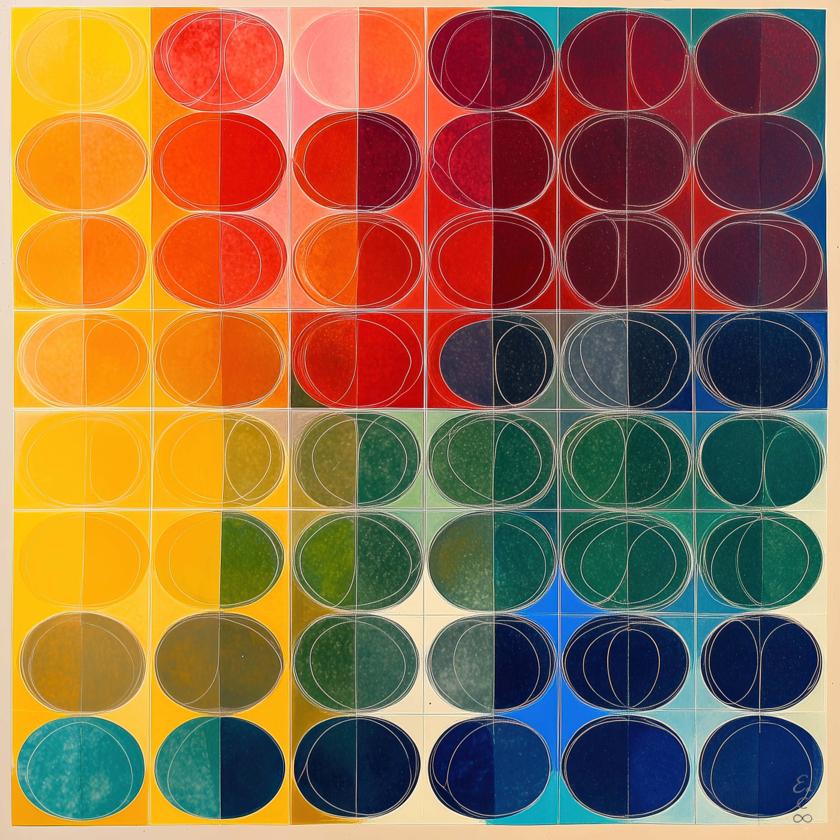 A six-by-six grid of rounded cells shifts from yellow and red through green to deep blue, each compartment layered with fine looping contours and divided color fields.