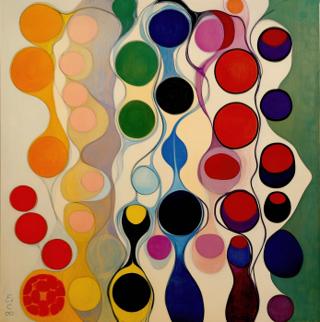 An arrangement of interconnected circular and elongated forms in vertical bands of varied colors unfolds across a pale ground.