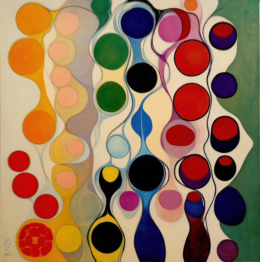 An arrangement of interconnected circular and elongated forms in vertical bands of varied colors unfolds across a pale ground.