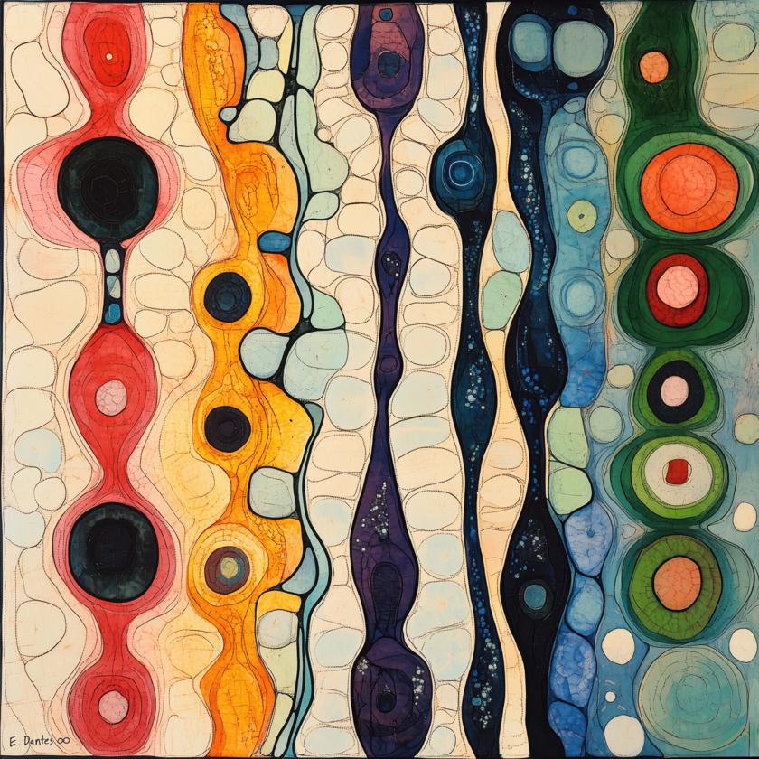 Vertical bands of interlocking, cell-like ovals and circles in red, orange, yellow, blue, green, and cream stretch across the square surface in an undulating, rhythmic sequence.