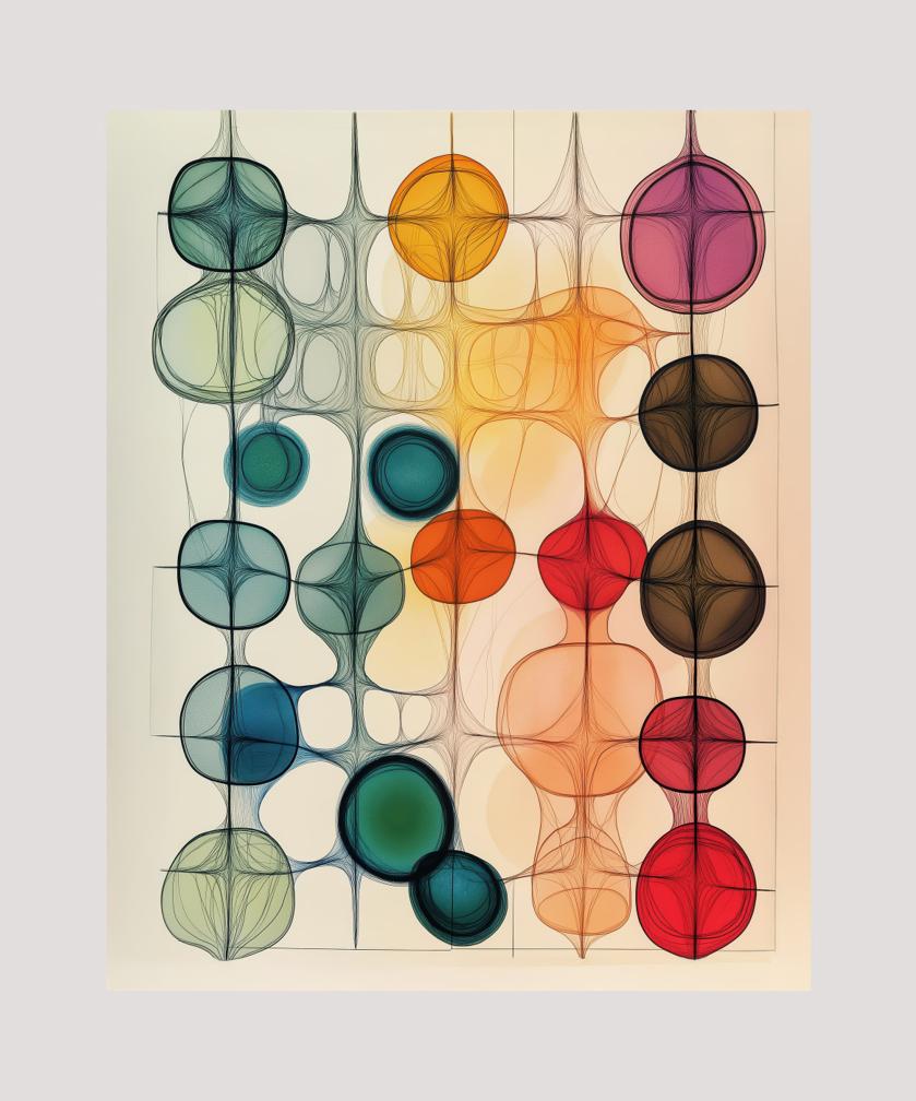 An arrangement of translucent, overlapping circular and bulb-shaped forms in teal, amber, magenta, red, and brown is organized within a faint rectilinear grid on a pale cream ground.