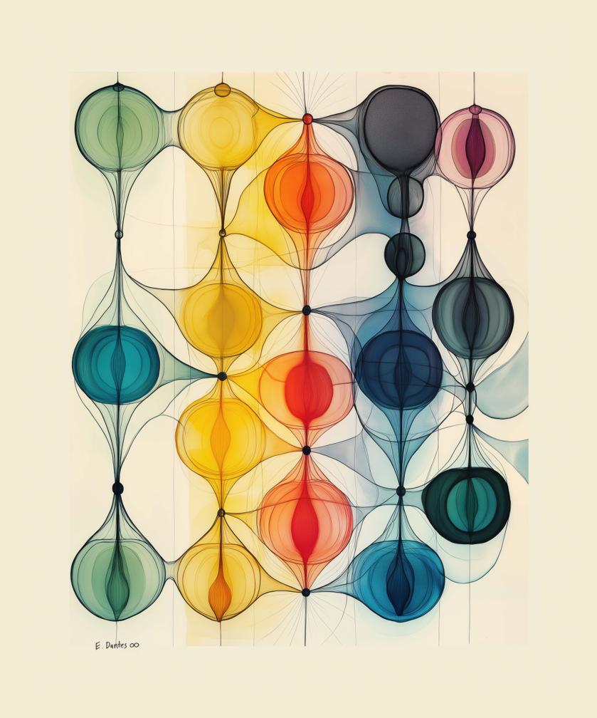 Interlocking vertical chains of translucent, bulb-like forms in warm yellows and reds gradually shift toward cooler blues and greens against a pale ground, creating a gridded field of overlapping color and line.