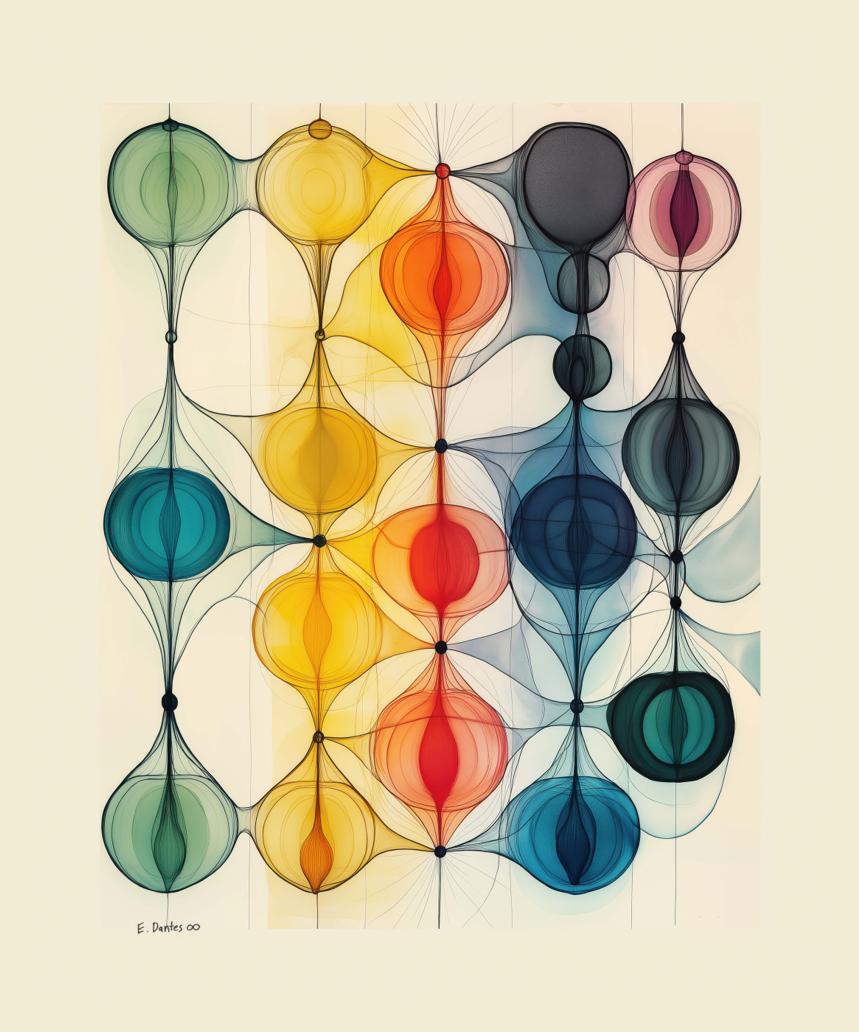 Interlocking vertical chains of translucent, bulb-like forms in warm yellows and reds gradually shift toward cooler blues and greens against a pale ground, creating a gridded field of overlapping color and line.