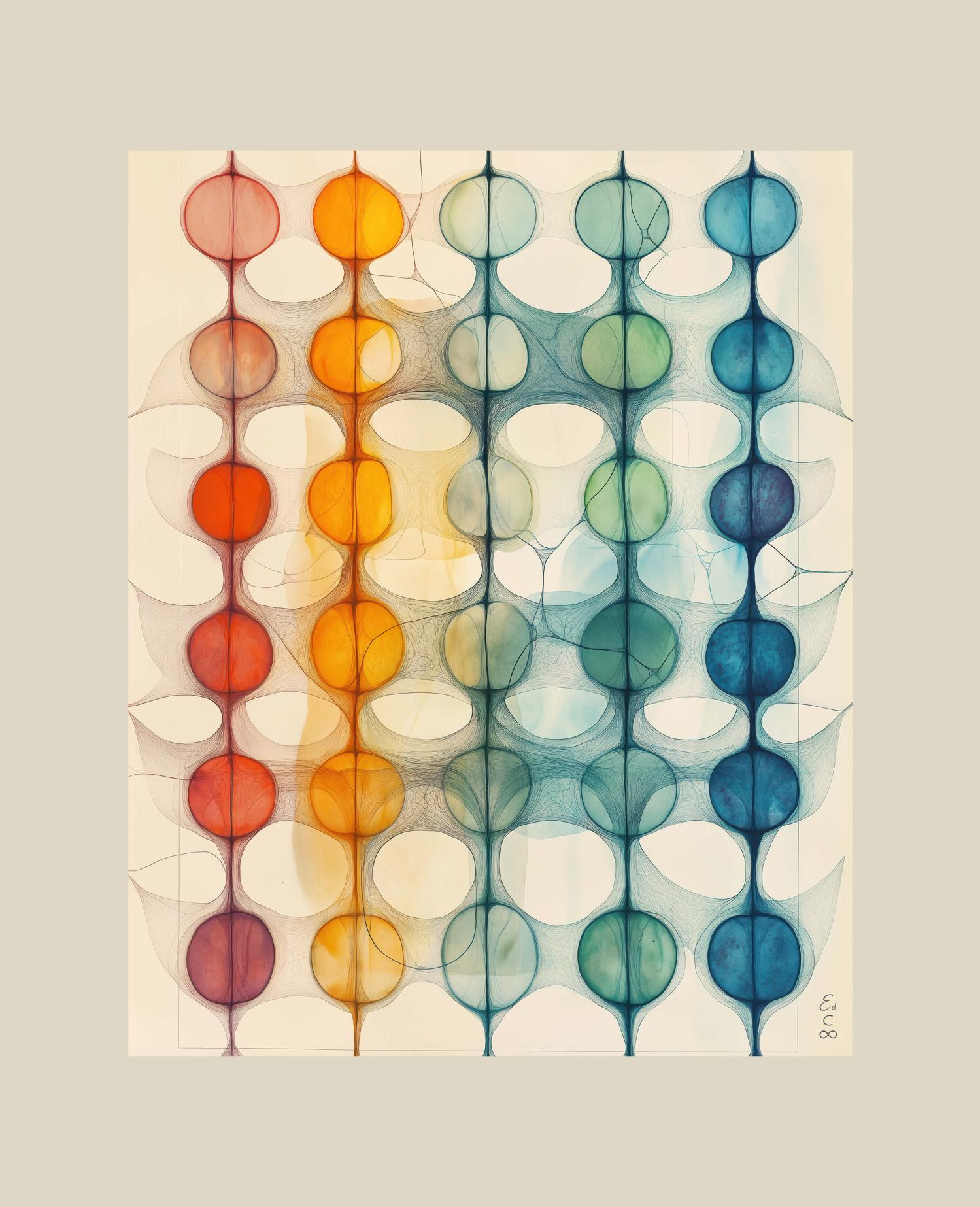 An arrangement of translucent, vertically aligned circular forms in warm reds and yellows shifting to cool greens and blues is interlaced by fine, web-like lines against an off-white ground within a pale beige border.