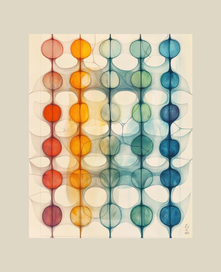 An arrangement of translucent, vertically aligned circular forms in warm reds and yellows shifting to cool greens and blues is interlaced by fine, web-like lines against an off-white ground within a pale beige border.