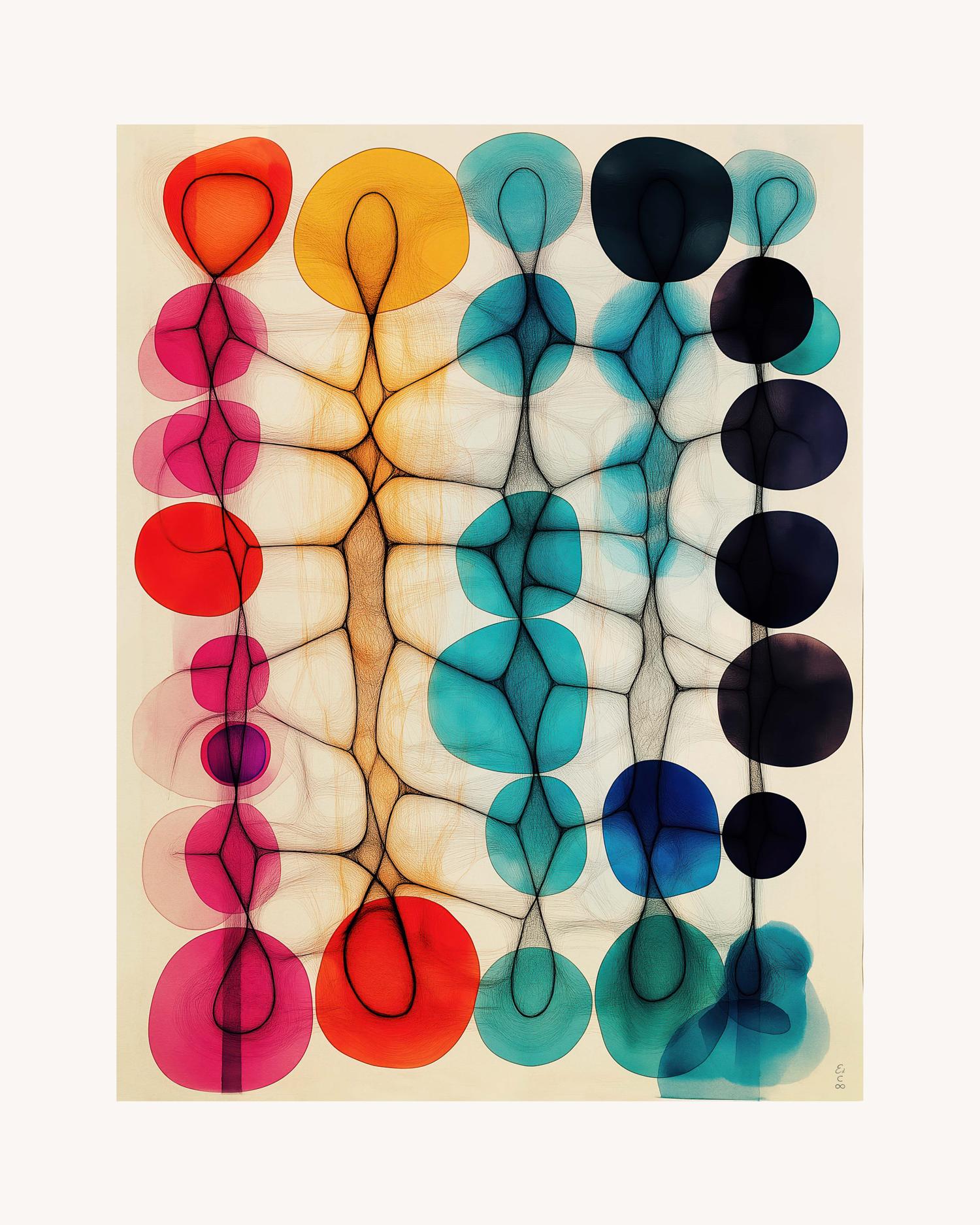 Interlaced black filaments traverse vertical columns of overlapping, translucent ovoid forms in saturated reds, pinks, ambers, teals, and blues on a pale ground.