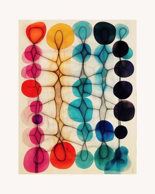 Interlaced black filaments traverse vertical columns of overlapping, translucent ovoid forms in saturated reds, pinks, ambers, teals, and blues on a pale ground.