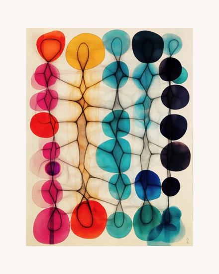 Interlaced black filaments traverse vertical columns of overlapping, translucent ovoid forms in saturated reds, pinks, ambers, teals, and blues on a pale ground.