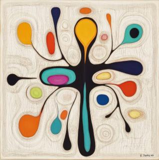 An off-white square field contains a central branching black form from which brightly colored, teardrop-shaped lobes and oval pools radiate outward amid fine concentric line patterns.