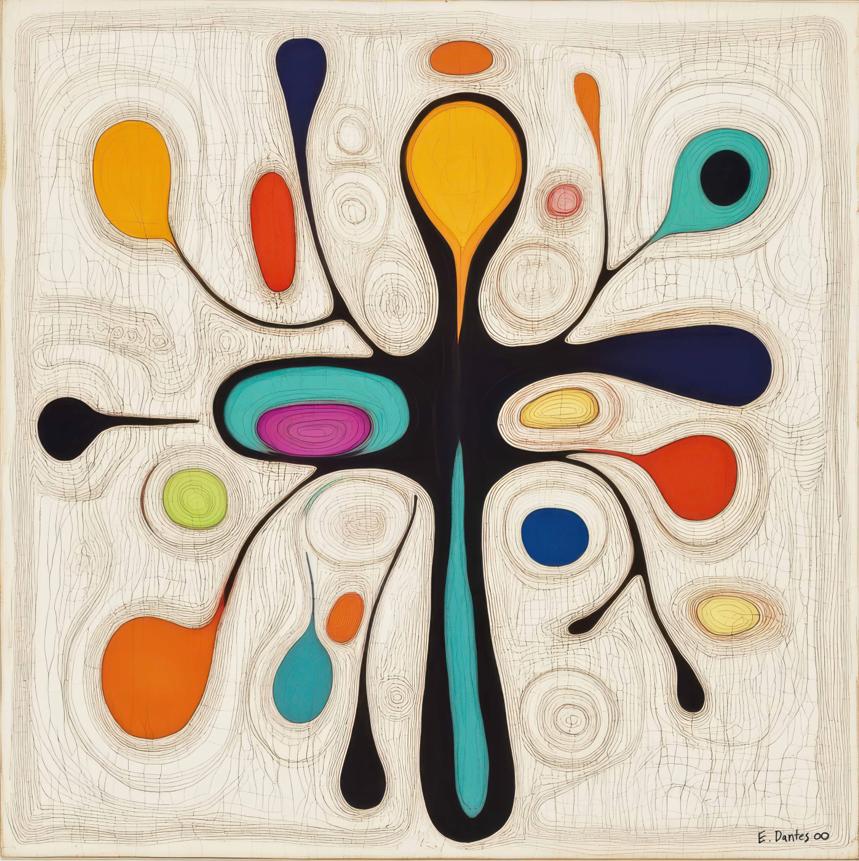 An off-white square field contains a central branching black form from which brightly colored, teardrop-shaped lobes and oval pools radiate outward amid fine concentric line patterns.