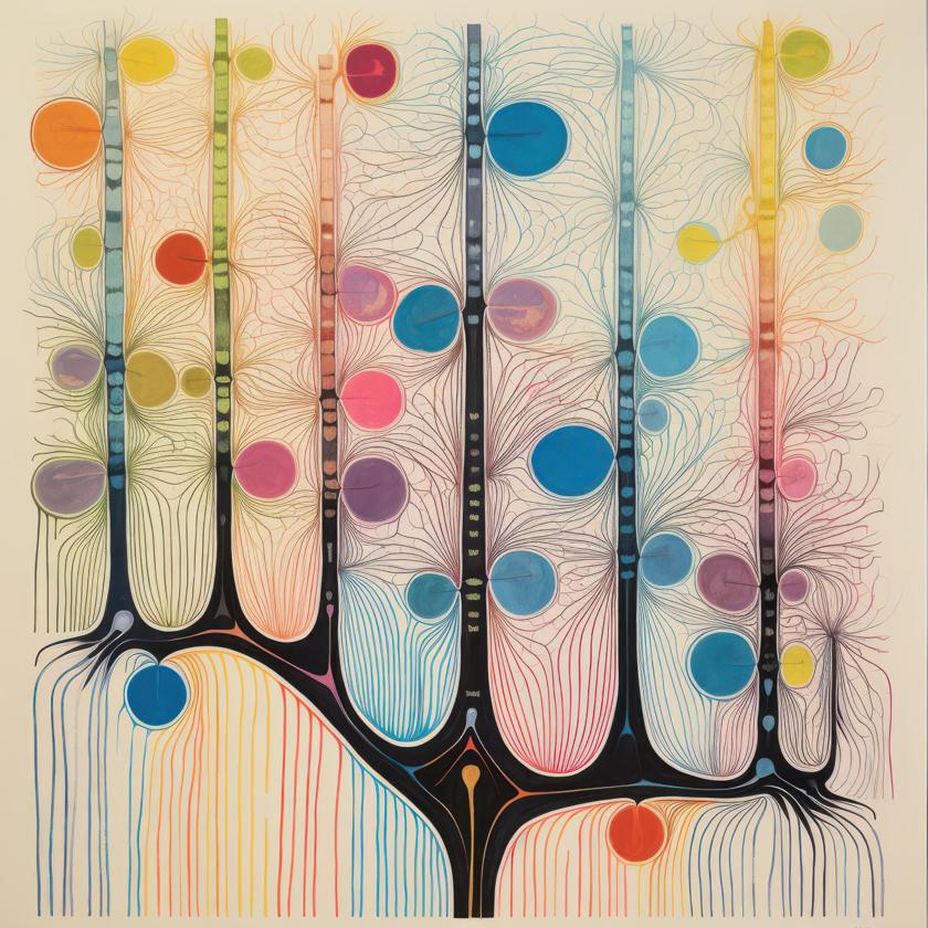 Vertical black branching structures span the composition, channeling fine linear networks that radiate outward and intersect with large, flat circular forms in saturated colors against a pale ground.