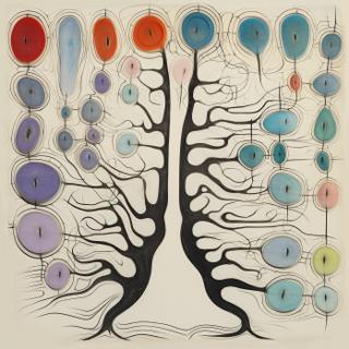 Two symmetrical, tree-like black forms rise from a shared base, their branching lines terminating in oval and circular color fields that cluster across a pale ground.