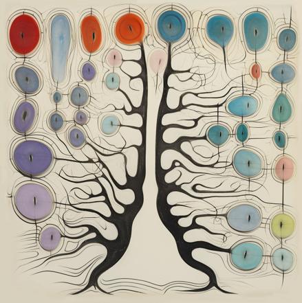 Two symmetrical, tree-like black forms rise from a shared base, their branching lines terminating in oval and circular color fields that cluster across a pale ground.