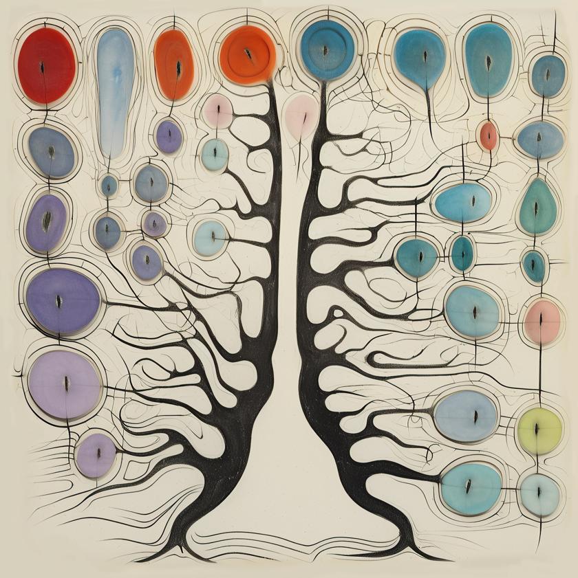 Two symmetrical, tree-like black forms rise from a shared base, their branching lines terminating in oval and circular color fields that cluster across a pale ground.