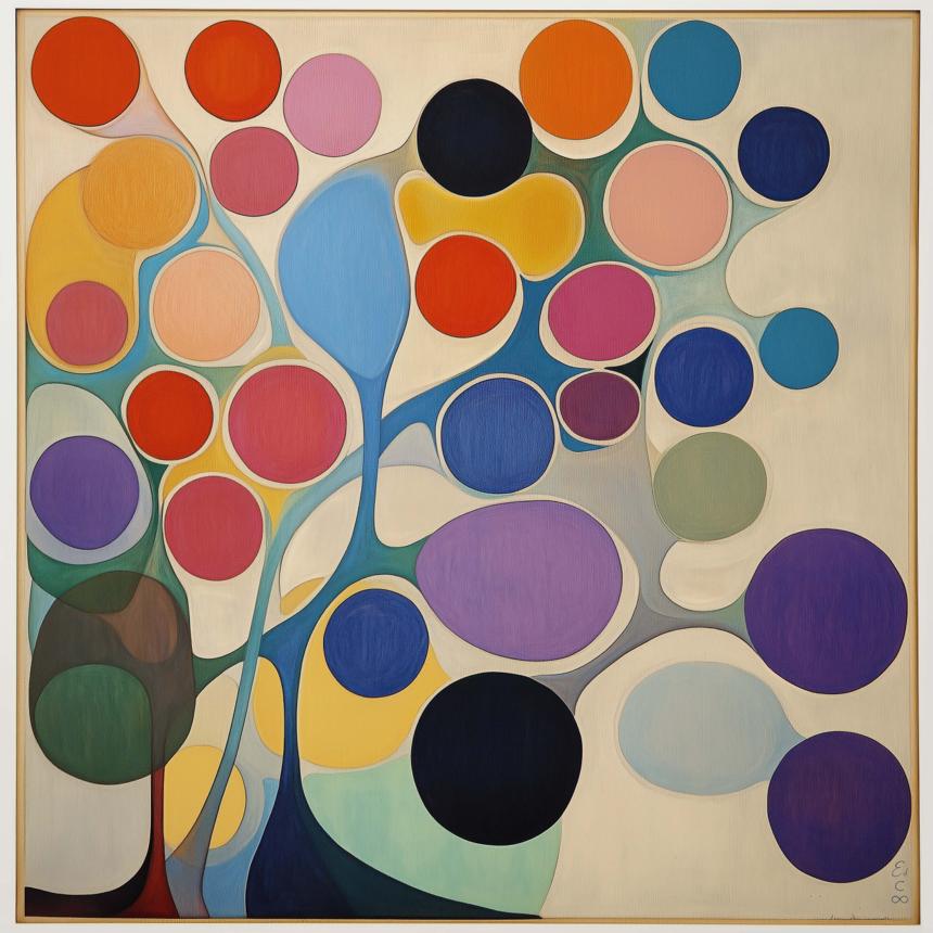 Interlocking circular forms in saturated colors are held within an undulating network of branching shapes against an off-white ground.