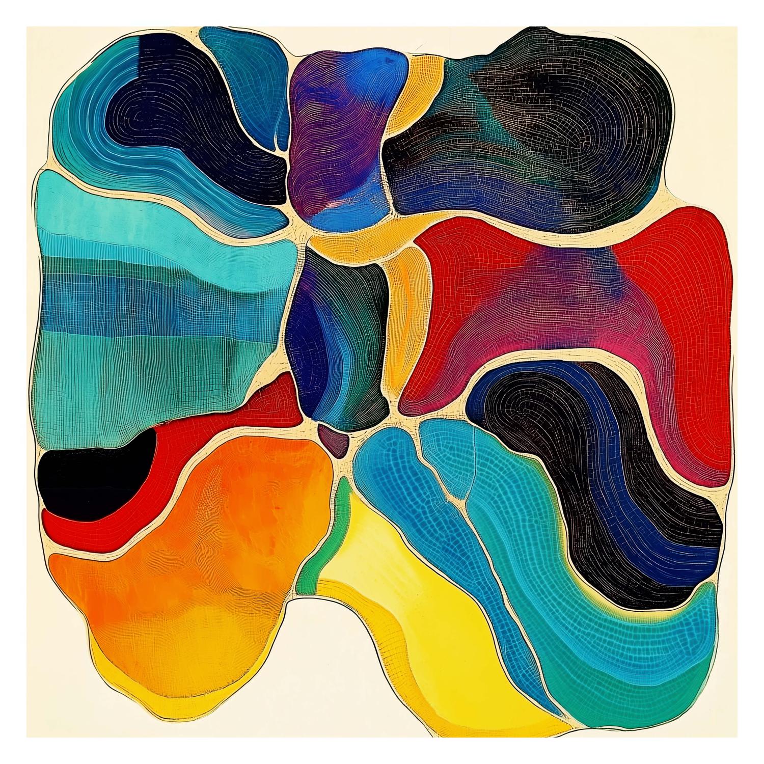 Interlocking, cell-like fields of saturated color fill a nearly square plane, their rounded contours separated by thin pale bands and overlaid with fine concentric and linear patterns that guide the eye across the surface.