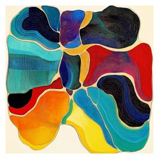 Interlocking, cell-like fields of saturated color fill a nearly square plane, their rounded contours separated by thin pale bands and overlaid with fine concentric and linear patterns that guide the eye across the surface.