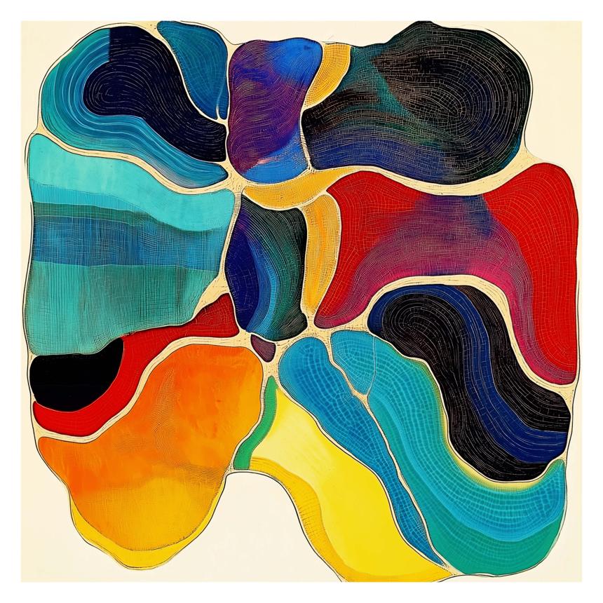 Interlocking, cell-like fields of saturated color fill a nearly square plane, their rounded contours separated by thin pale bands and overlaid with fine concentric and linear patterns that guide the eye across the surface.