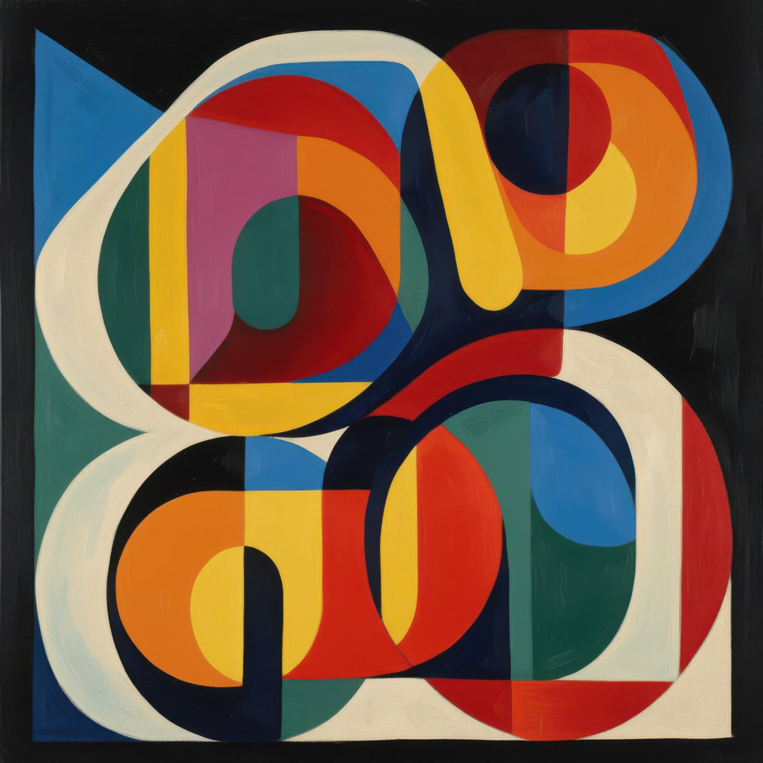 Interlocking arcs and rounded bands of saturated color overlap within a square field, framed by a matte black ground that compresses the composition into a dense, layered structure.