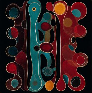 Sinuous teal and crimson columns rise against black, enclosing circular pools of red, amber, and blue within fine pale-gold contours.