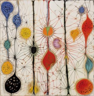 Organic, pod-like forms in saturated colors hang and cluster along four dark vertical bands, connected by a web of fine radiating lines across a pale ground.