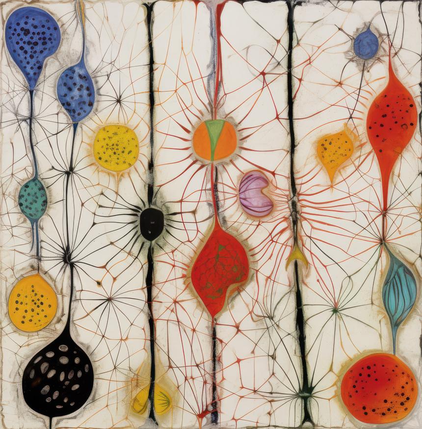 Organic, pod-like forms in saturated colors hang and cluster along four dark vertical bands, connected by a web of fine radiating lines across a pale ground.
