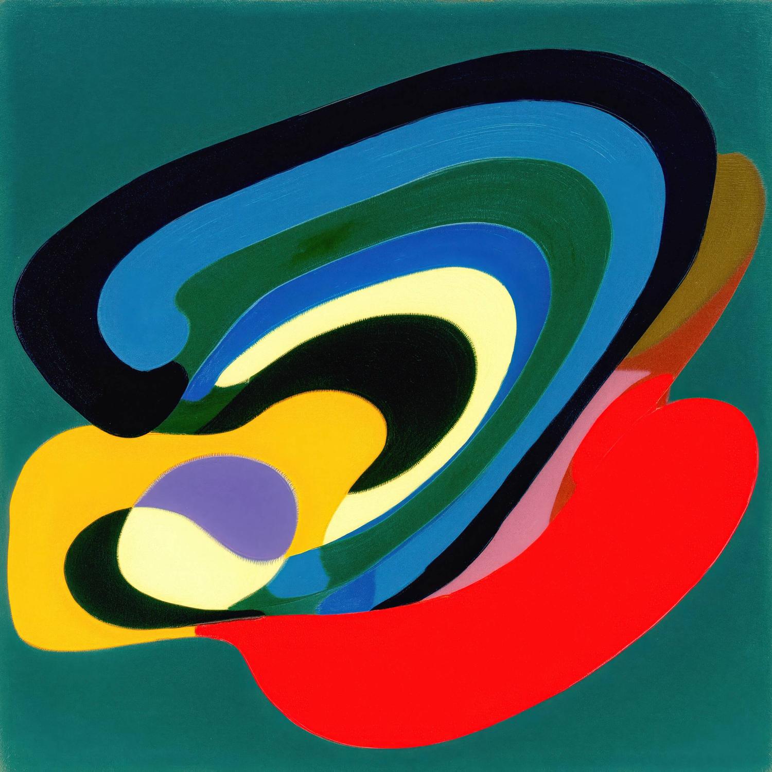 Nested bands of navy, blue, green, cream, yellow, violet, and red curl diagonally across a deep teal field, gathering into rounded pools and sweeping arcs.