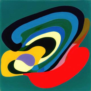 Nested bands of navy, blue, green, cream, yellow, violet, and red curl diagonally across a deep teal field, gathering into rounded pools and sweeping arcs.