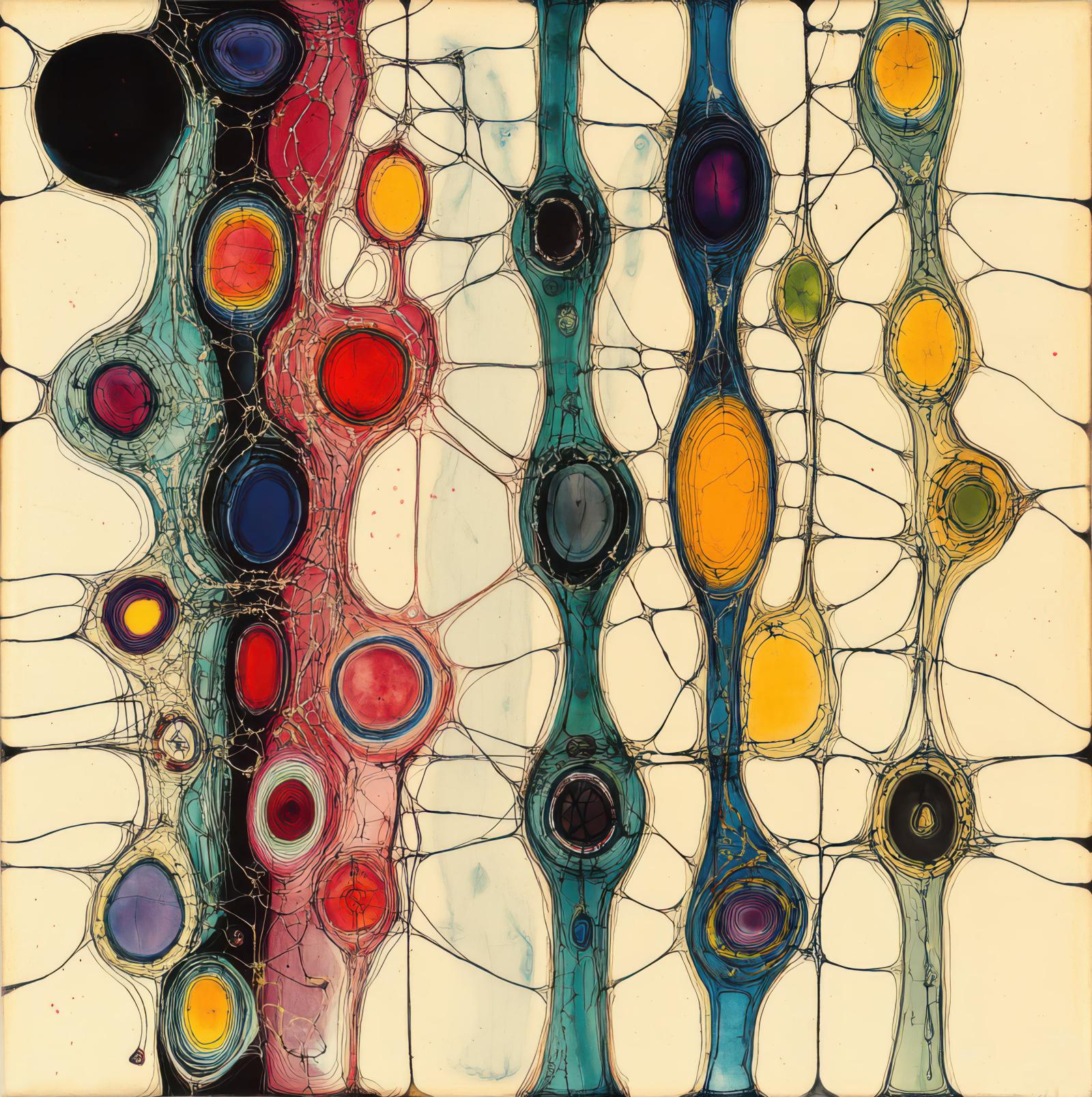 Vertical, cell-like columns of elongated ovals and circles in saturated hues are interlaced by fine, dark linear contours against a pale, off-white ground.