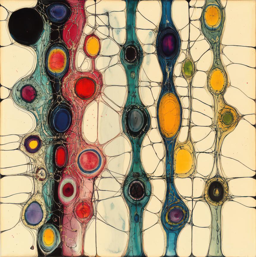 Vertical, cell-like columns of elongated ovals and circles in saturated hues are interlaced by fine, dark linear contours against a pale, off-white ground.