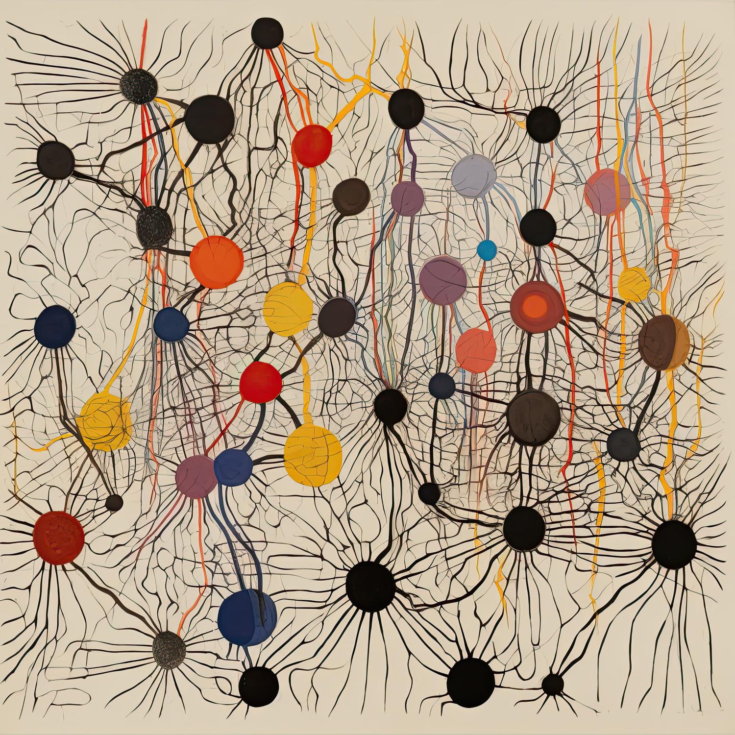 Interlaced black linear forms radiate from clustered circular nodes of varied sizes and colors across a pale ground, creating a dense, web-like field of connections.