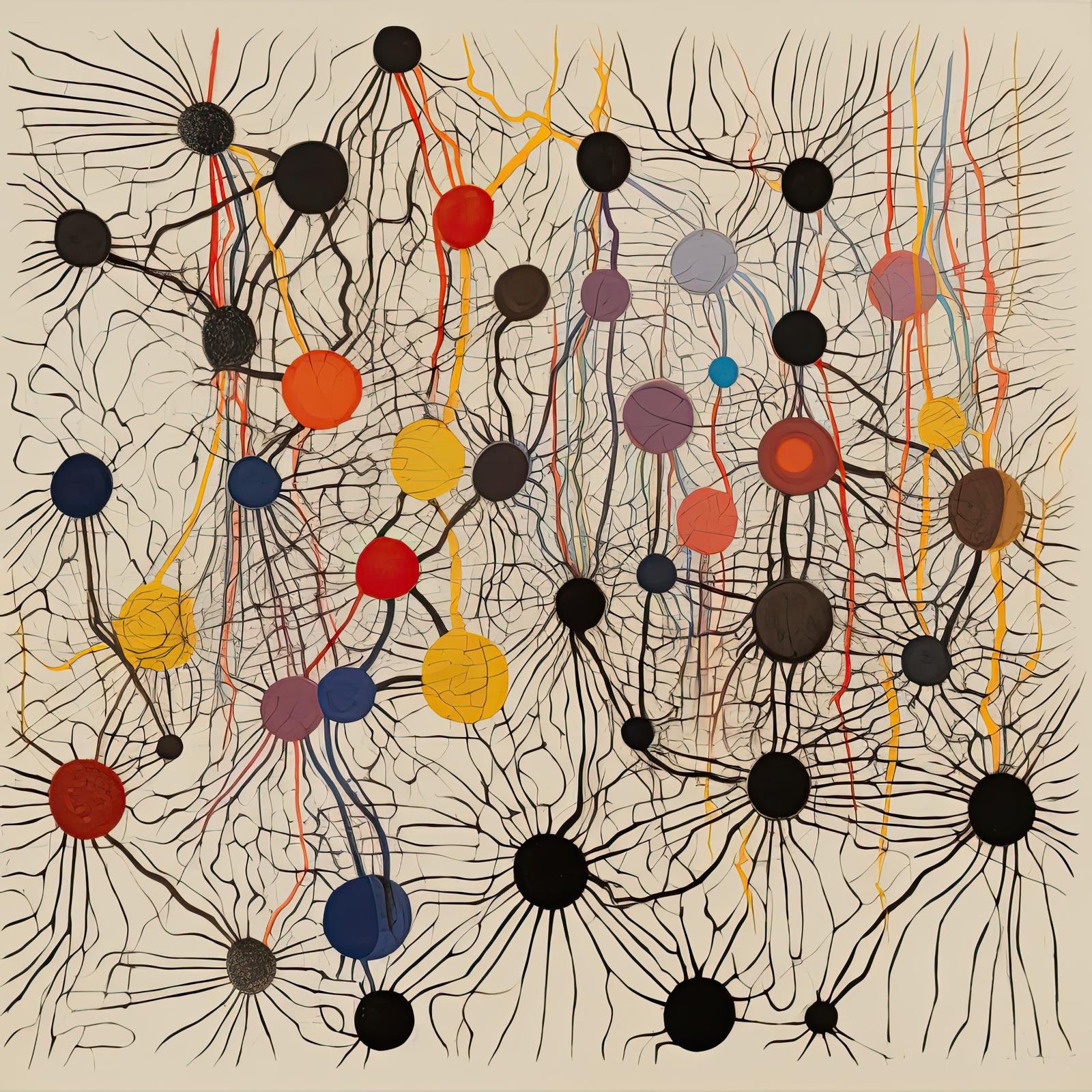 Interlaced black linear forms radiate from clustered circular nodes of varied sizes and colors across a pale ground, creating a dense, web-like field of connections.
