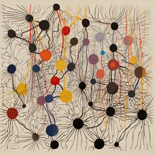 Interlaced black linear forms radiate from clustered circular nodes of varied sizes and colors across a pale ground, creating a dense, web-like field of connections.