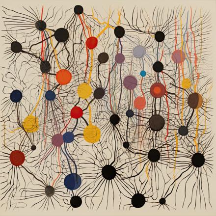 Interlaced black linear forms radiate from clustered circular nodes of varied sizes and colors across a pale ground, creating a dense, web-like field of connections.