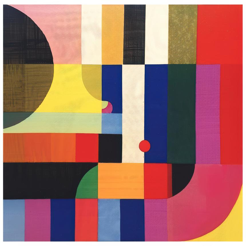 The work presents an arrangement of interlocking rectangles, arcs, and two small circles in saturated, sharply bounded colors that create a gridded, puzzle-like field across the square surface.