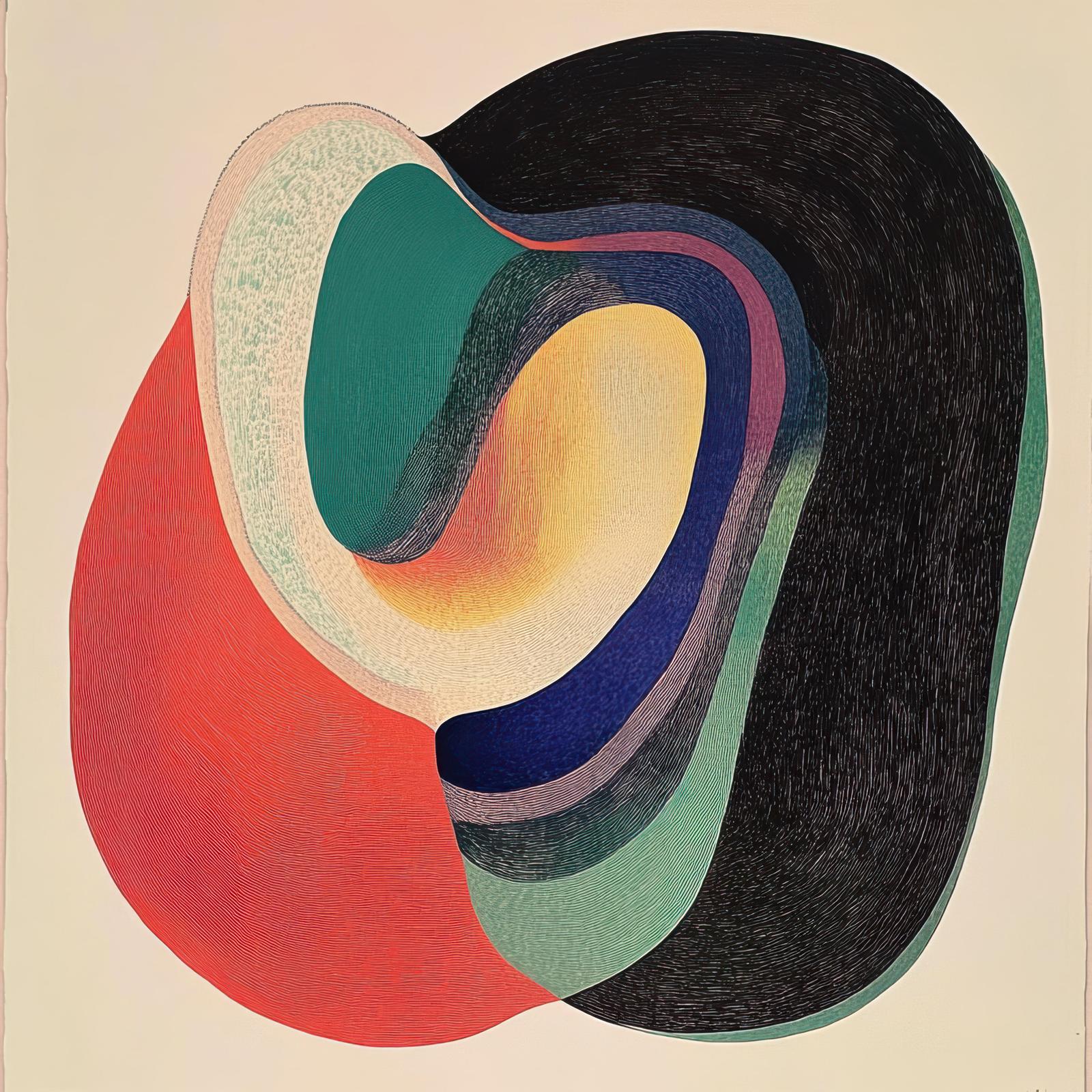 Concentric, irregular bands of color curl inward on a pale ground, forming a layered, topographic abstraction that appears to fold into itself.