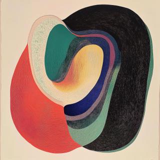 Concentric, irregular bands of color curl inward on a pale ground, forming a layered, topographic abstraction that appears to fold into itself.