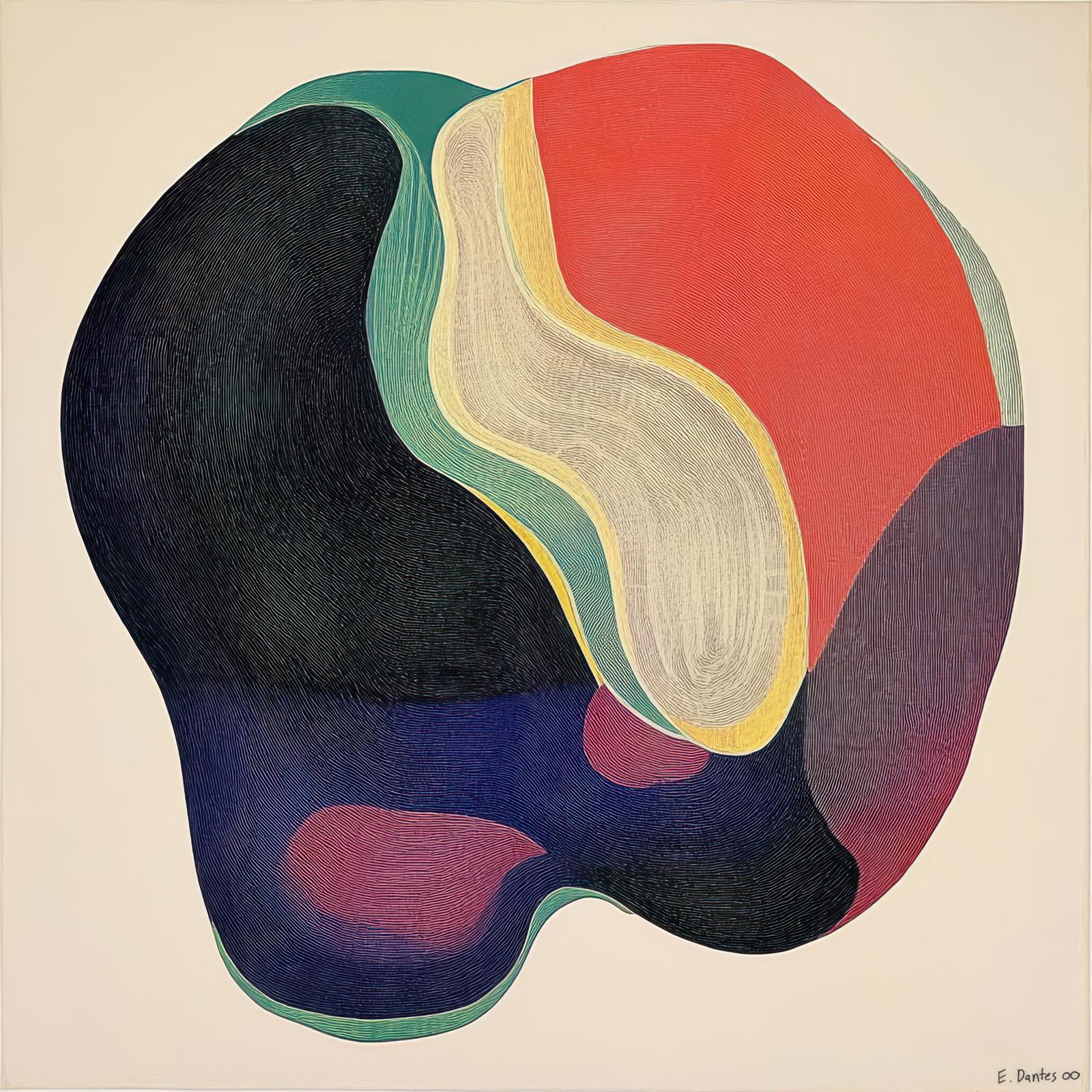 A large, amoebic form composed of interlocking, banded color fields floats against an off-white ground, its surface animated by densely layered concentric lines.