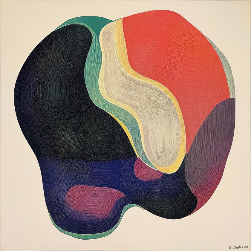 A large, amoebic form composed of interlocking, banded color fields floats against an off-white ground, its surface animated by densely layered concentric lines.