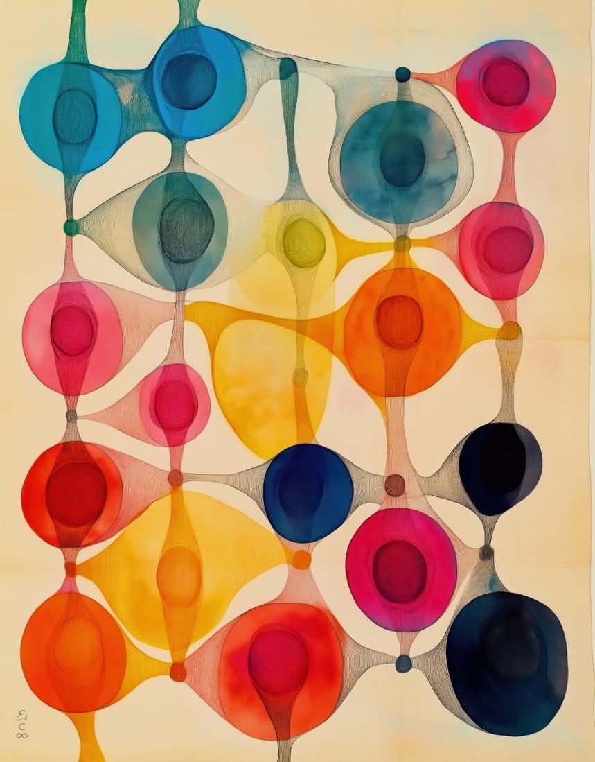 Translucent watercolor cells in cerulean, crimson, and gold descend a warm ground, linked by slender tapering stems into a luminous, see-through network.