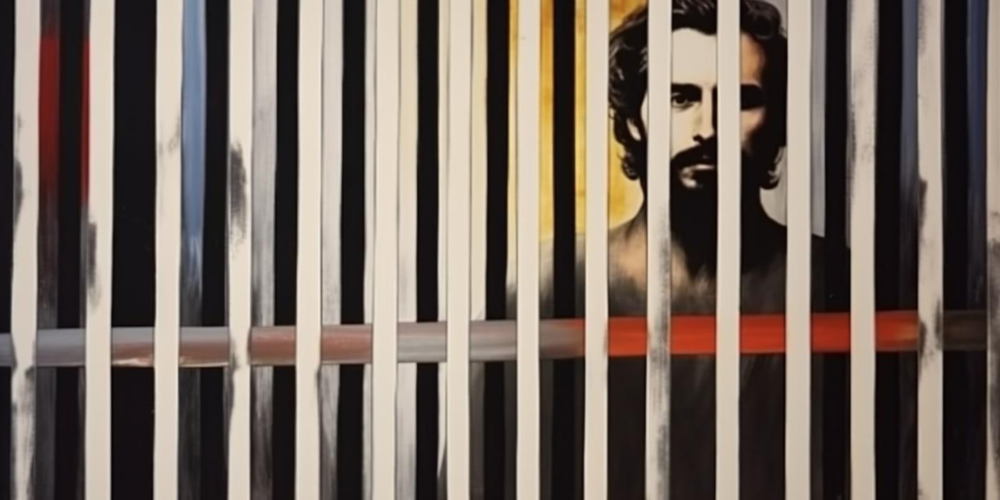 A figure glimpsed through vertical bars of saturated colour.