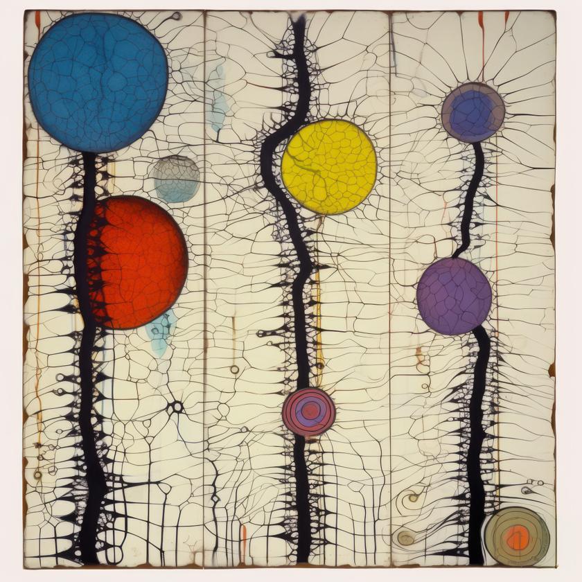 Against an off‑white ground, four irregular vertical black bands traverse the surface, intersecting with and anchoring a series of crackled circular forms in saturated primary and secondary colors.