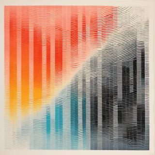Vertical bands of graded color are overlaid with dense, wavering horizontal lines that bend and cluster into a diagonal division between warm and cool tonal fields.