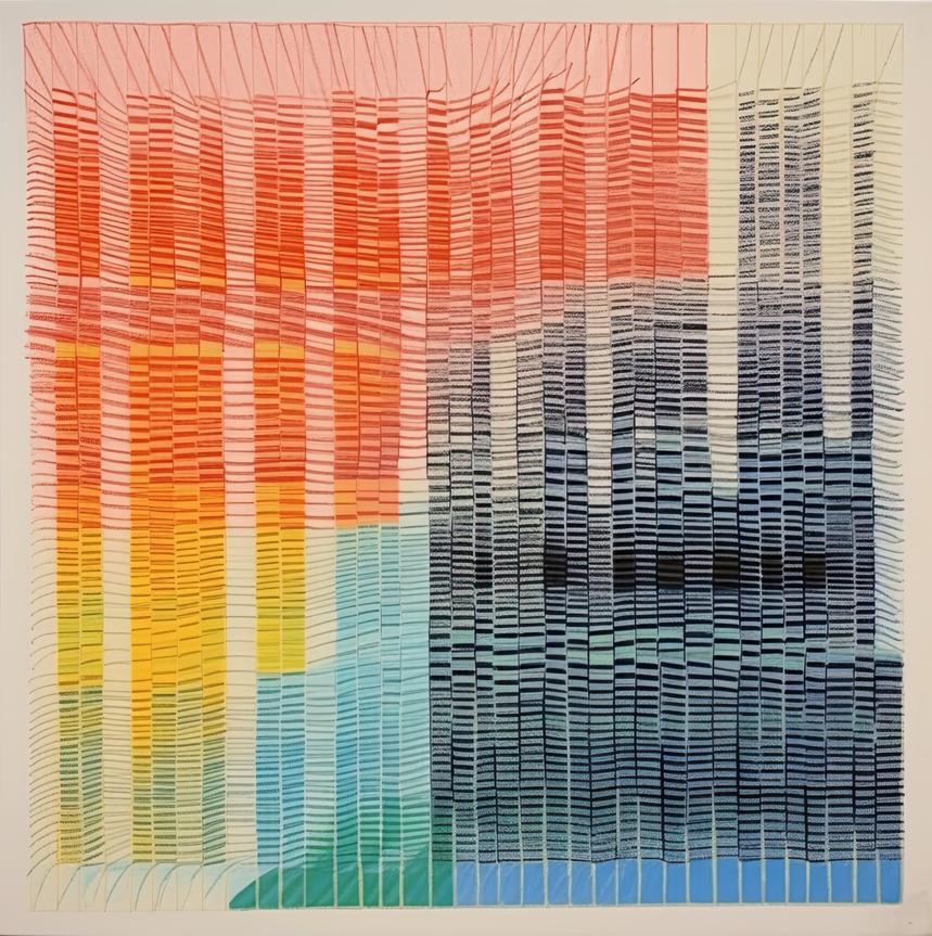 A grid-like field of tightly stacked horizontal bands in shifting hues transitions from warm reds and yellows on the left to cool blues and deep indigos on the right, with the lines subtly bending and misaligning as they move across the surface.
