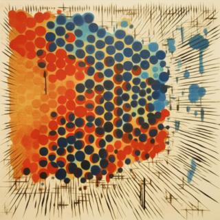 A dense cluster of overlapping red, orange, and blue circles floats at the center of a pale ground, encircled by radiating black lines and scattered linear notations.