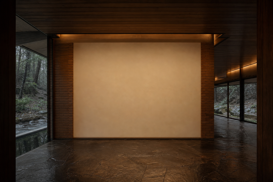 Aleatoric Movement hung at 32 × 32 in on a wall of the Ravine House, shown to scale