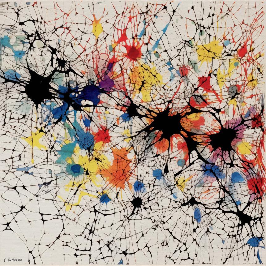 Radiating black nodal forms spread across a pale ground, interlaced with fine branching lines and clustered bursts of saturated color.
