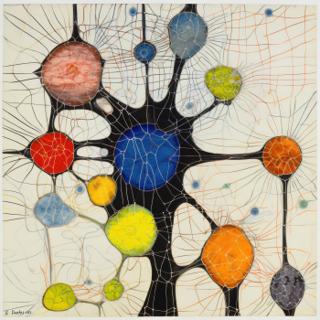 Radiating from a central deep blue circular form, a network of black branching lines connects multiple colored spheres across a pale ground, each surface marked by fine crack-like patterns and intersecting filaments.