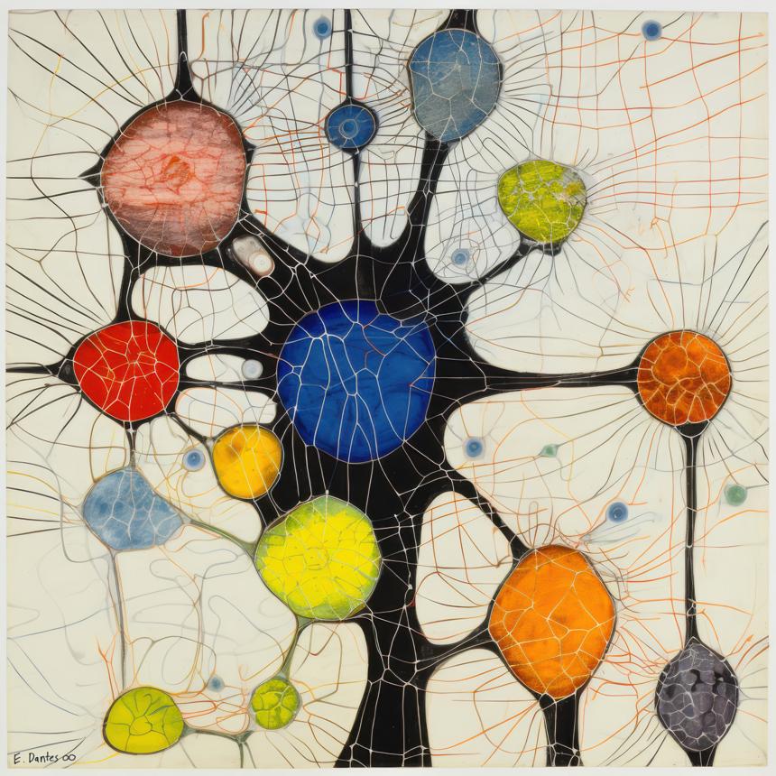 Radiating from a central deep blue circular form, a network of black branching lines connects multiple colored spheres across a pale ground, each surface marked by fine crack-like patterns and intersecting filaments.
